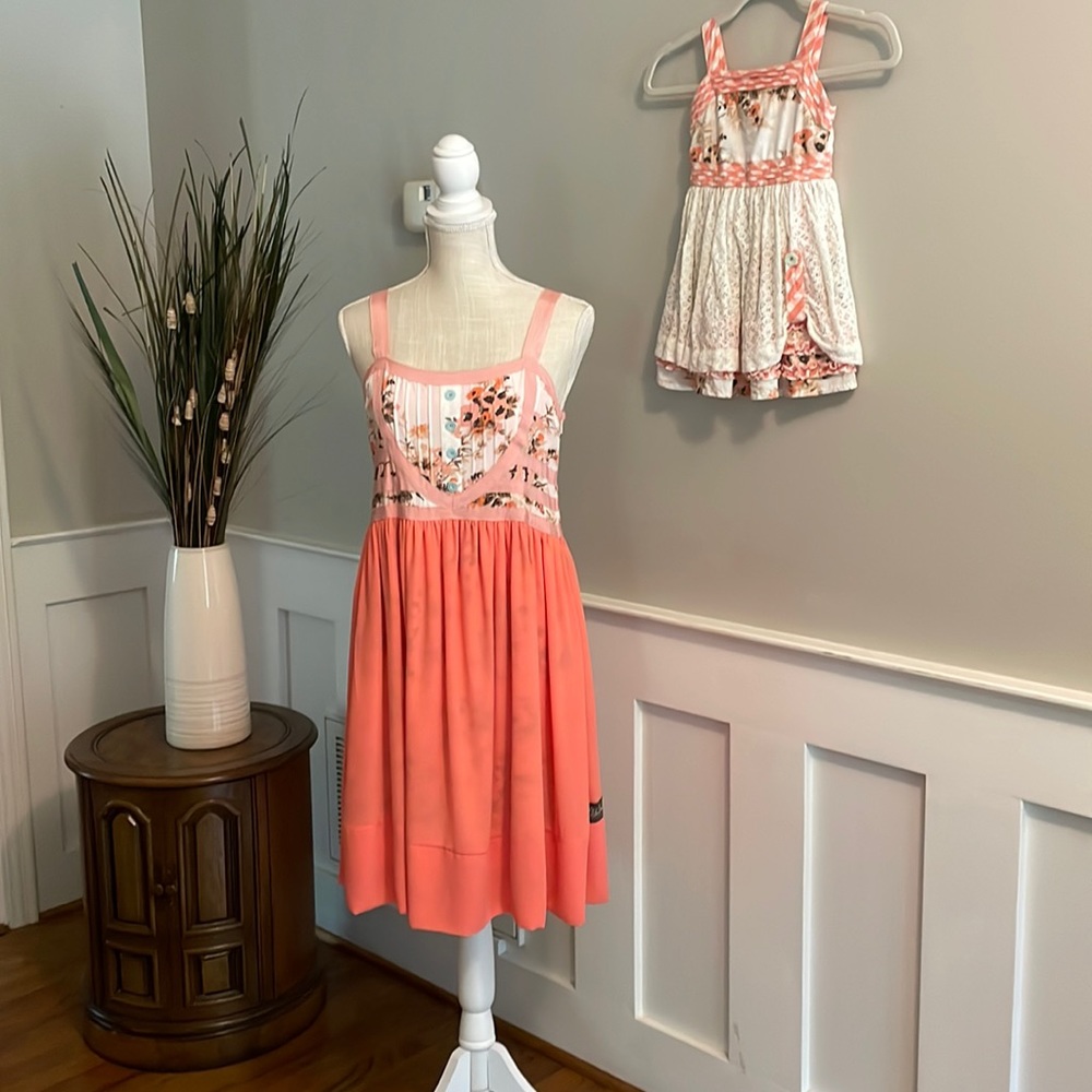 Matilda Jane matching “mommy & me” dresses - coral/peach, cream, brown floral